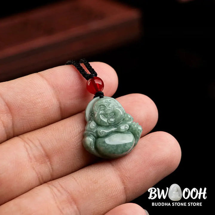 Buddha Stones Natural Green Jade Laughing Buddha Luck Abundance Necklace Pendant - BWOOOH - Laughing