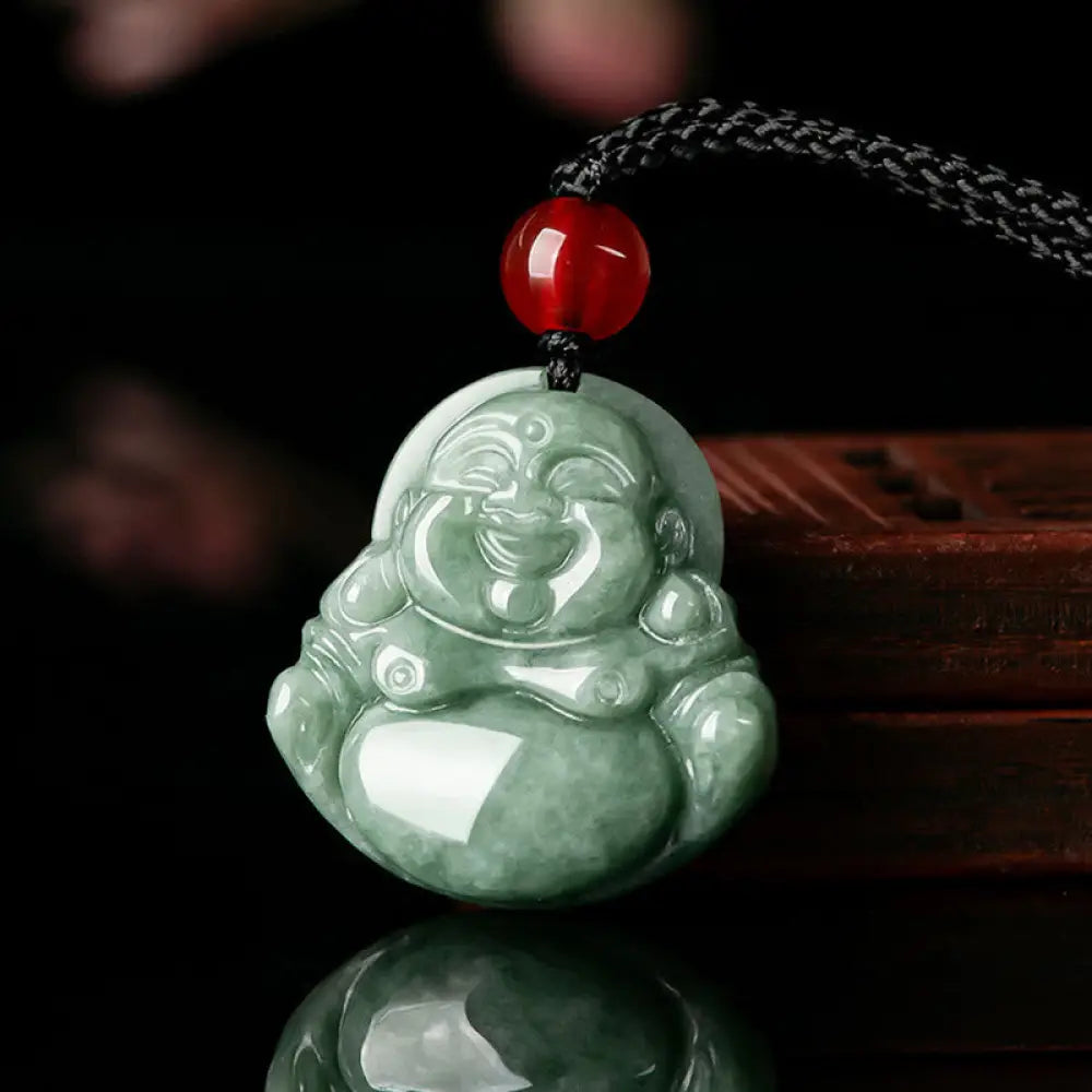 BWOOOH Natural Green Jade Laughing Buddha Luck Abundance Necklace Pendant — genuine jade for prosperity, harmony & good fortune