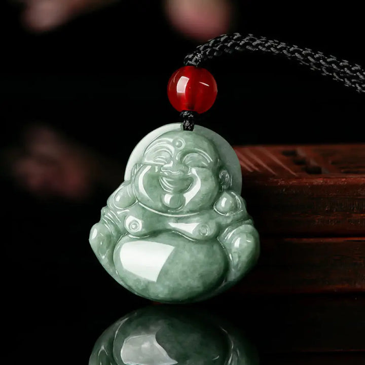 BWOOOH Natural Green Jade Laughing Buddha Luck Abundance Necklace Pendant — genuine jade for prosperity, harmony &amp; good fortune