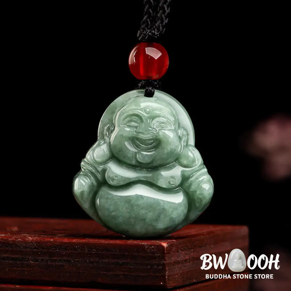Buddha Stones Natural Green Jade Laughing Buddha Luck Abundance Necklace Pendant - BWOOOH - Laughing