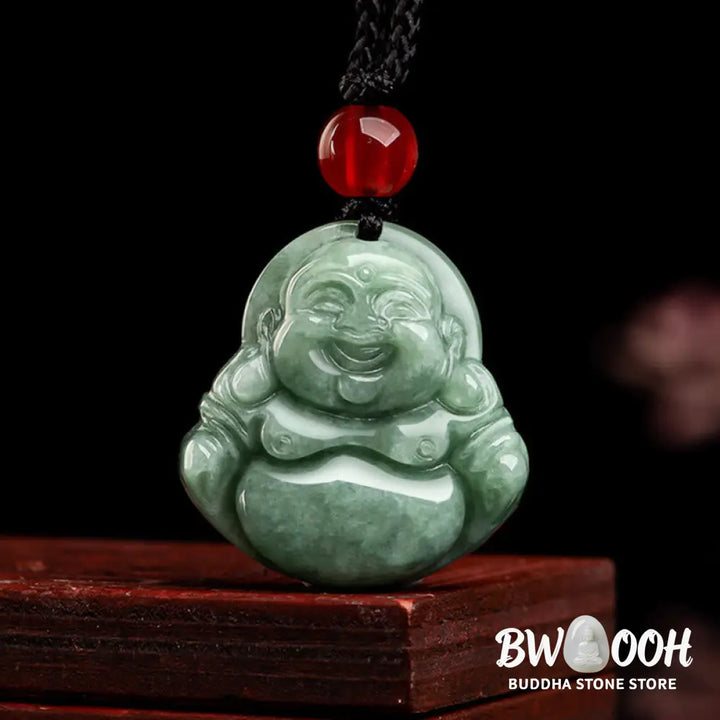 Buddha Stones Natural Green Jade Laughing Buddha Luck Abundance Necklace Pendant - BWOOOH - Laughing