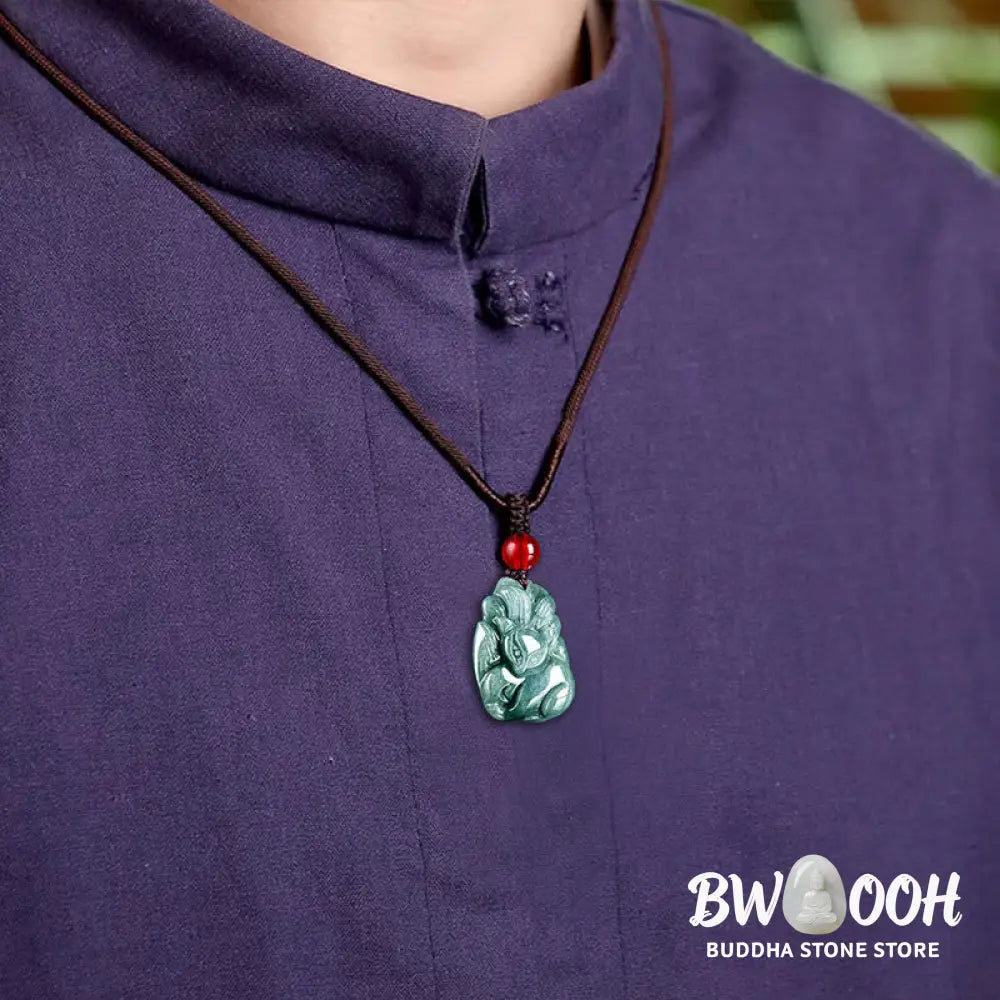 Buddha Stones Natural Green Jade Nine Tailed Fox Engraved Prosperity Necklace Pendant - BWOOOH - Jade - Necklaces &amp;