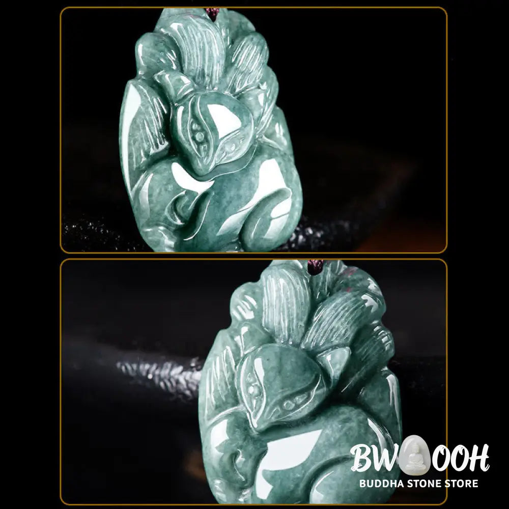 Buddha Stones Natural Green Jade Nine Tailed Fox Engraved Prosperity Necklace Pendant - BWOOOH - Jade - Necklaces &amp;