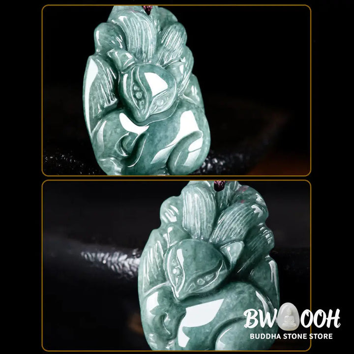 Buddha Stones Natural Green Jade Nine Tailed Fox Engraved Prosperity Necklace Pendant - BWOOOH - Jade - Necklaces &amp;