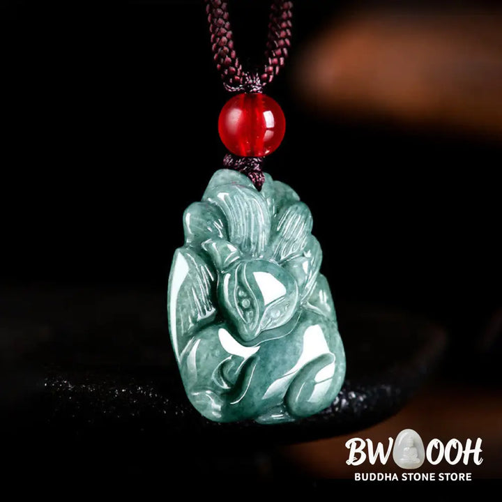 Buddha Stones Natural Green Jade Nine Tailed Fox Engraved Prosperity Necklace Pendant - BWOOOH - Jade - Necklaces &amp;