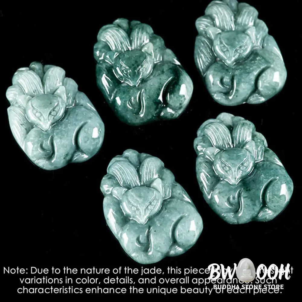 Buddha Stones Natural Green Jade Nine Tailed Fox Engraved Prosperity Necklace Pendant - BWOOOH - Jade - Necklaces &amp;