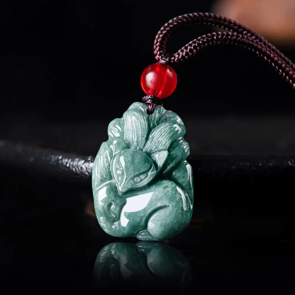 Buddha Stones Natural Green Jade Nine Tailed Fox Engraved Prosperity Necklace Pendant - BWOOOH - Jade - Necklaces &