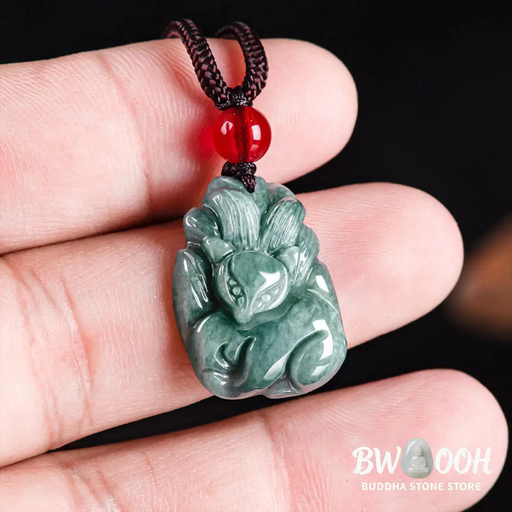 Buddha Stones Natural Green Jade Nine Tailed Fox Engraved Prosperity Necklace Pendant - BWOOOH - Jade - Necklaces &amp;