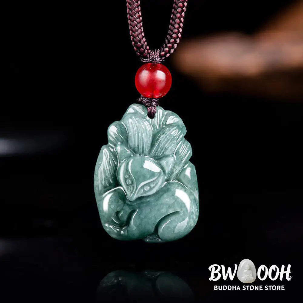 Buddha Stones Natural Green Jade Nine Tailed Fox Engraved Prosperity Necklace Pendant - BWOOOH - Jade - Necklaces &amp;