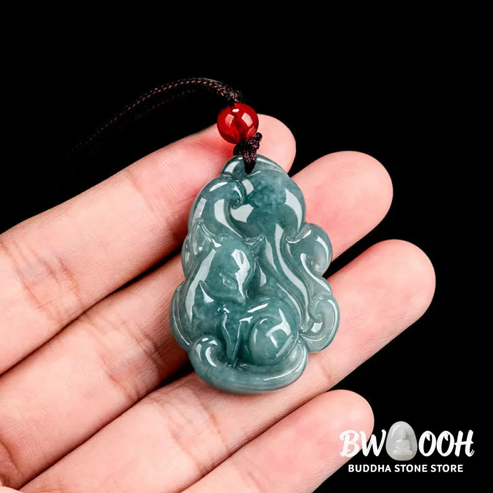 Buddha Stones Natural Green Jade Nine Tailed Fox Fairy Prosperity Necklace Pendant - BWOOOH