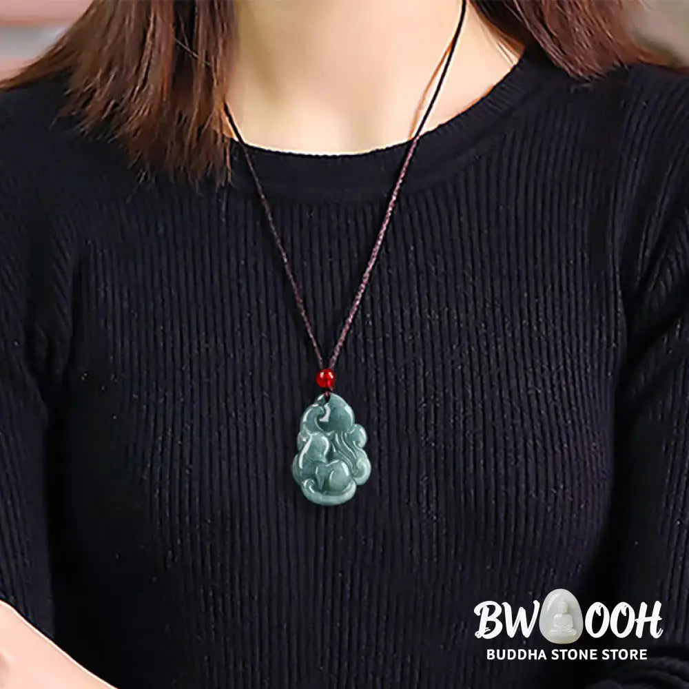Buddha Stones Natural Green Jade Nine Tailed Fox Fairy Prosperity Necklace Pendant - BWOOOH