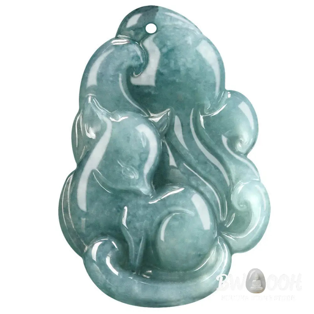Buddha Stones Natural Green Jade Nine Tailed Fox Fairy Prosperity Necklace Pendant - BWOOOH