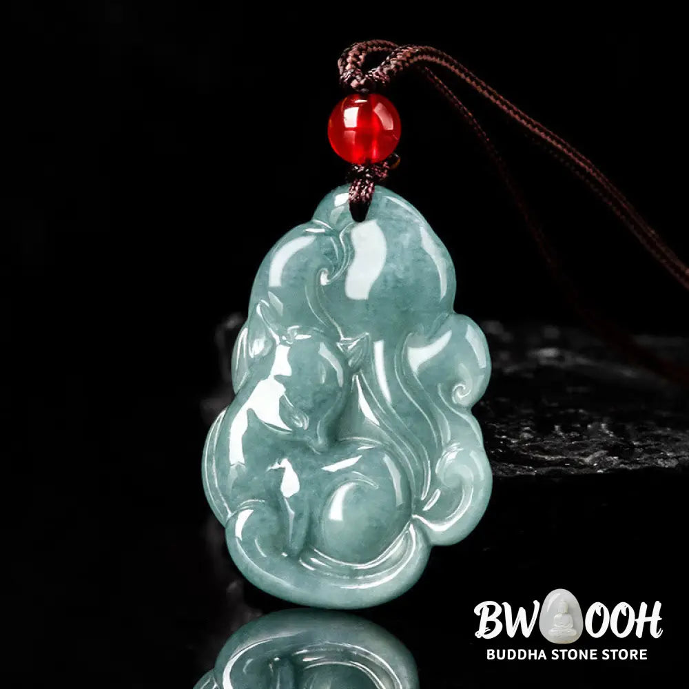 Buddha Stones Natural Green Jade Nine Tailed Fox Fairy Prosperity Necklace Pendant - BWOOOH