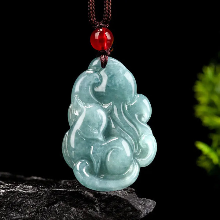 Buddha Stones Natural Green Jade Nine Tailed Fox Fairy Prosperity Necklace Pendant - BWOOOH