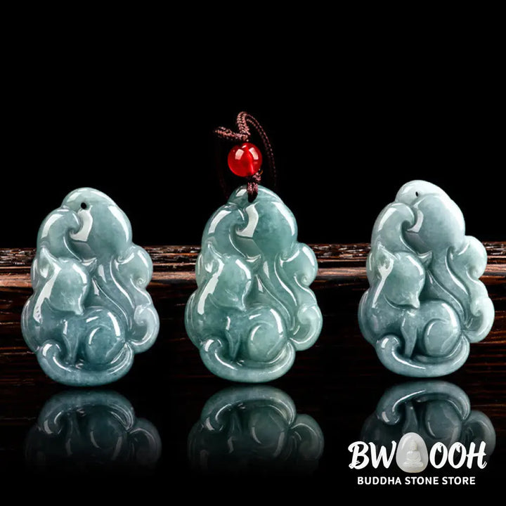 Buddha Stones Natural Green Jade Nine Tailed Fox Fairy Prosperity Necklace Pendant - BWOOOH