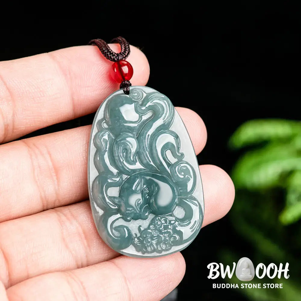 Buddha Stones Natural Green Jade Nine Tailed Fox Flowers Luck Necklace Pendant - BWOOOH - Jade(Prosperity♥Abundance)