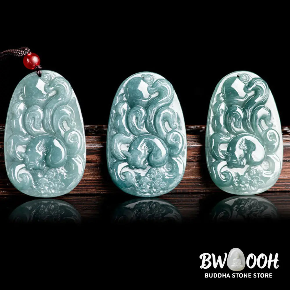 Buddha Stones Natural Green Jade Nine Tailed Fox Flowers Luck Necklace Pendant - BWOOOH - Jade(Prosperity♥Abundance)