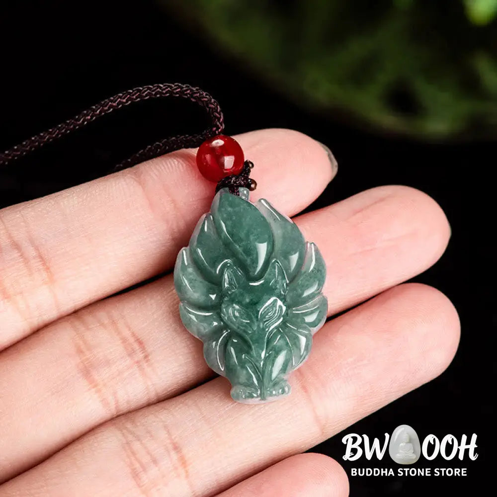 Buddha Stones Natural Green Jade Nine Tailed Fox Luck Necklace Pendant - BWOOOH - Jade - Necklaces &amp; Pendants