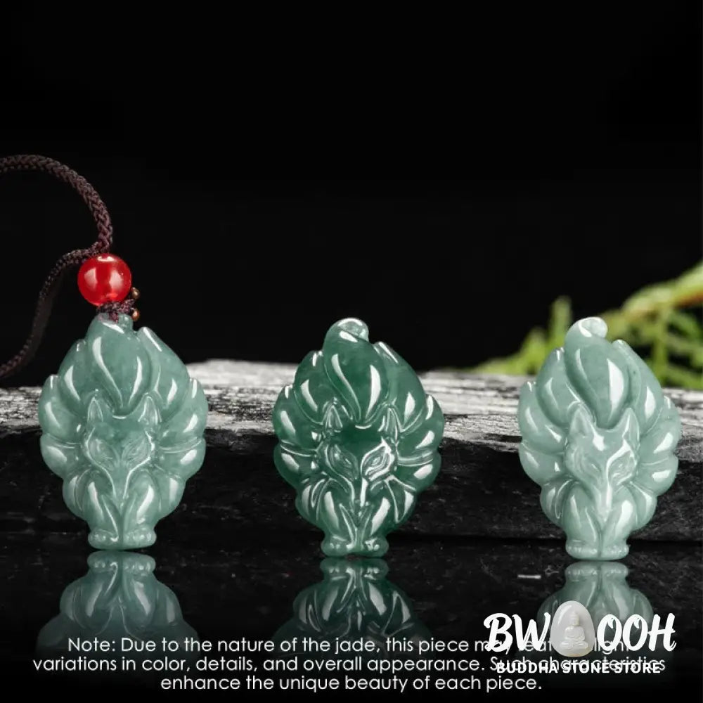 Buddha Stones Natural Green Jade Nine Tailed Fox Luck Necklace Pendant - BWOOOH - Jade - Necklaces &amp; Pendants
