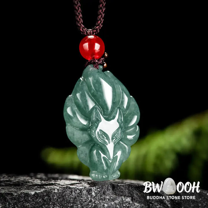 Buddha Stones Natural Green Jade Nine Tailed Fox Luck Necklace Pendant - BWOOOH - Jade - Necklaces &amp; Pendants