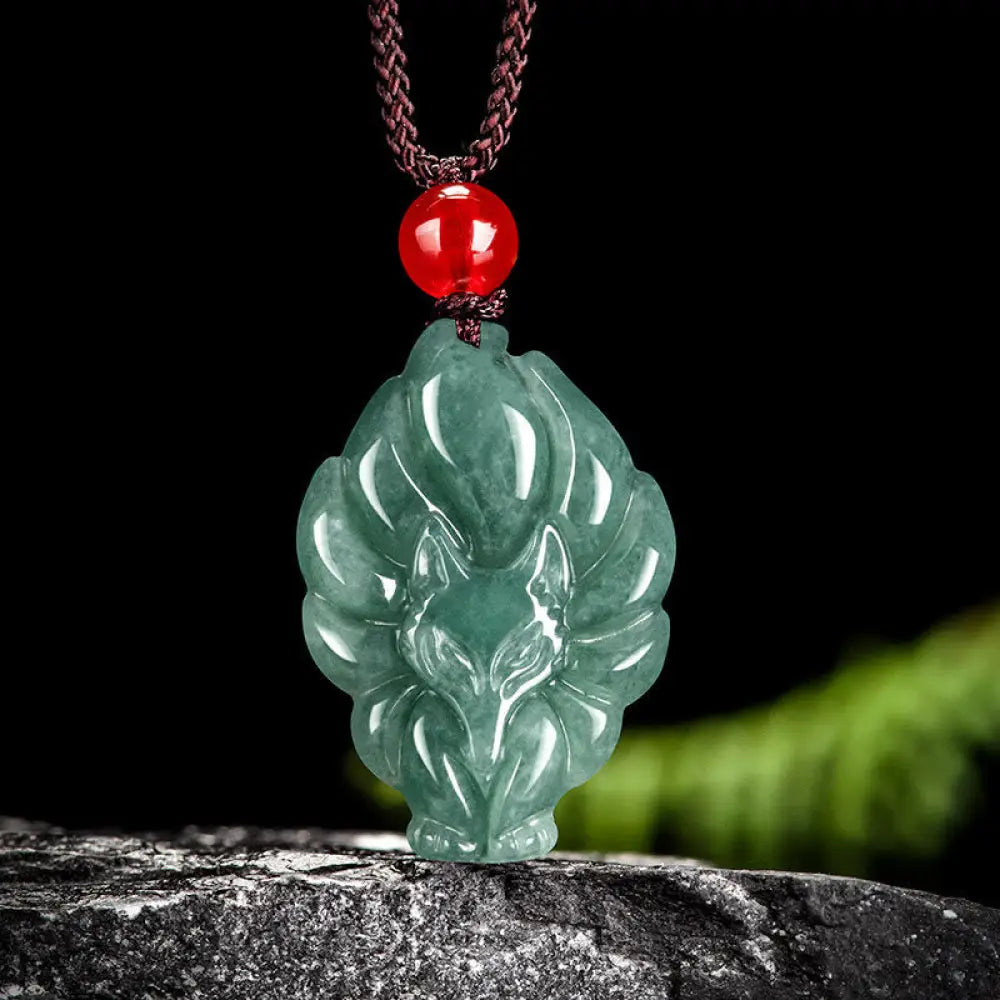 BWOOOH Natural Green Jade Nine Tailed Fox Luck Necklace Pendant