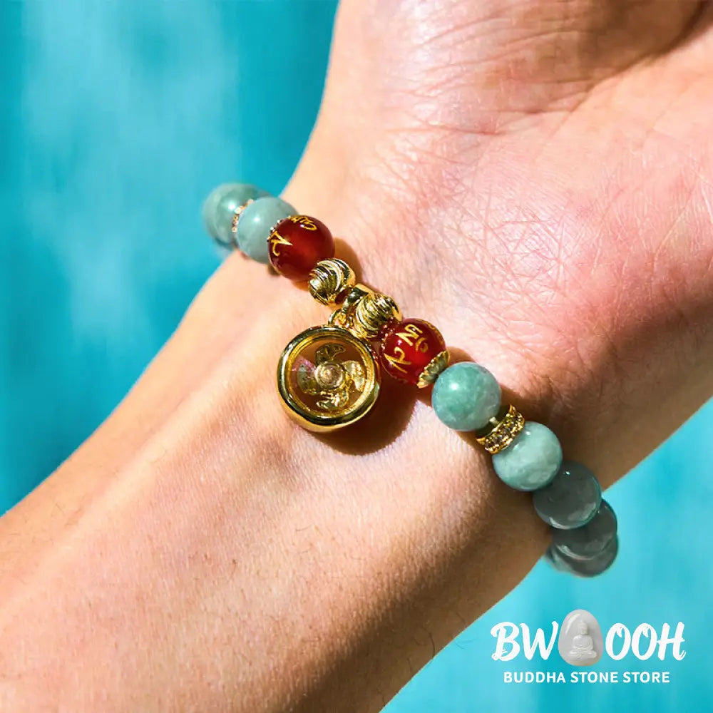 Buddha Stones Natural Green Jade Om Mani Padme Hum Cyclone Charm Luck Bracelet - BWOOOH - Jade(Wrist Circumference:
