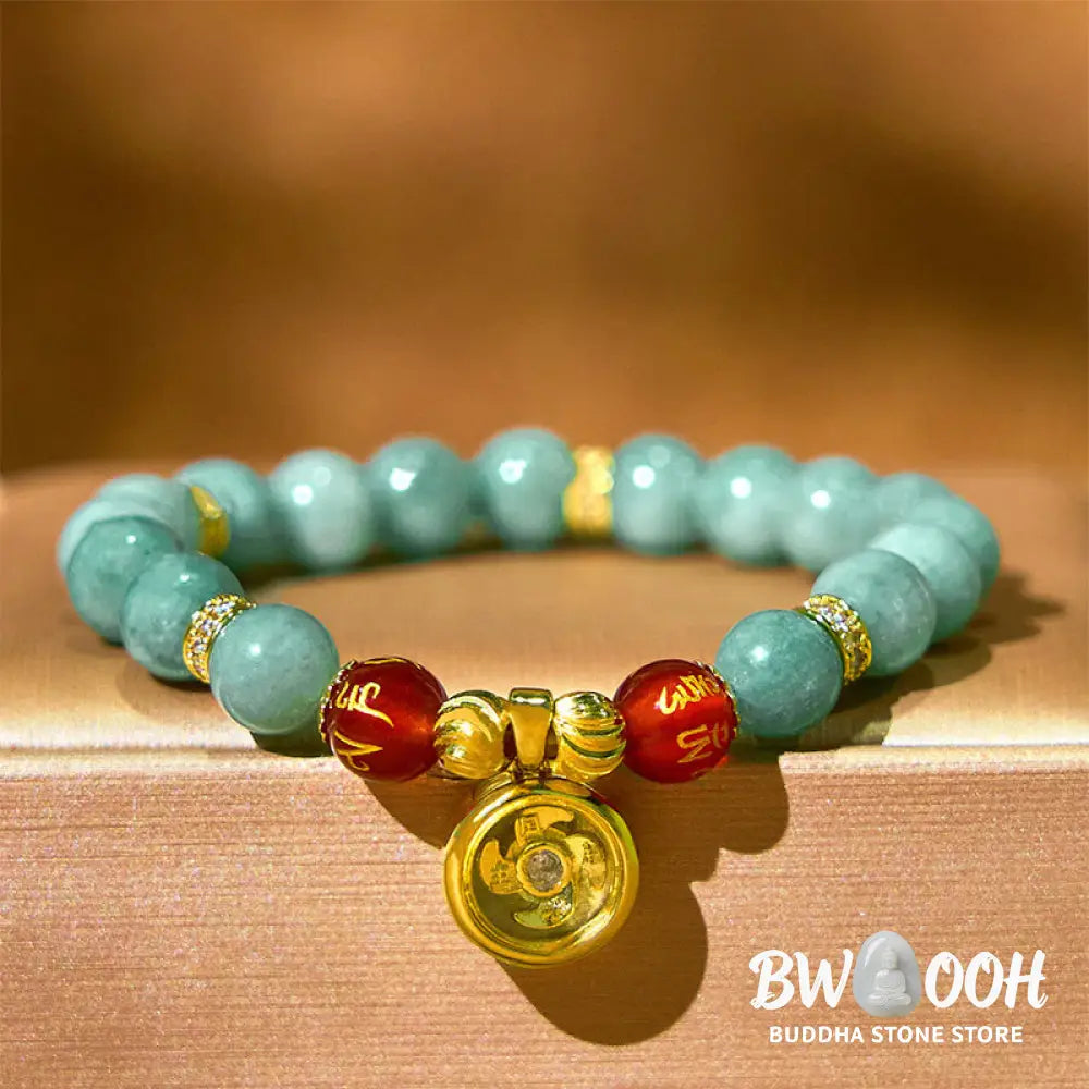 Buddha Stones Natural Green Jade Om Mani Padme Hum Cyclone Charm Luck Bracelet - BWOOOH - Jade(Wrist Circumference: