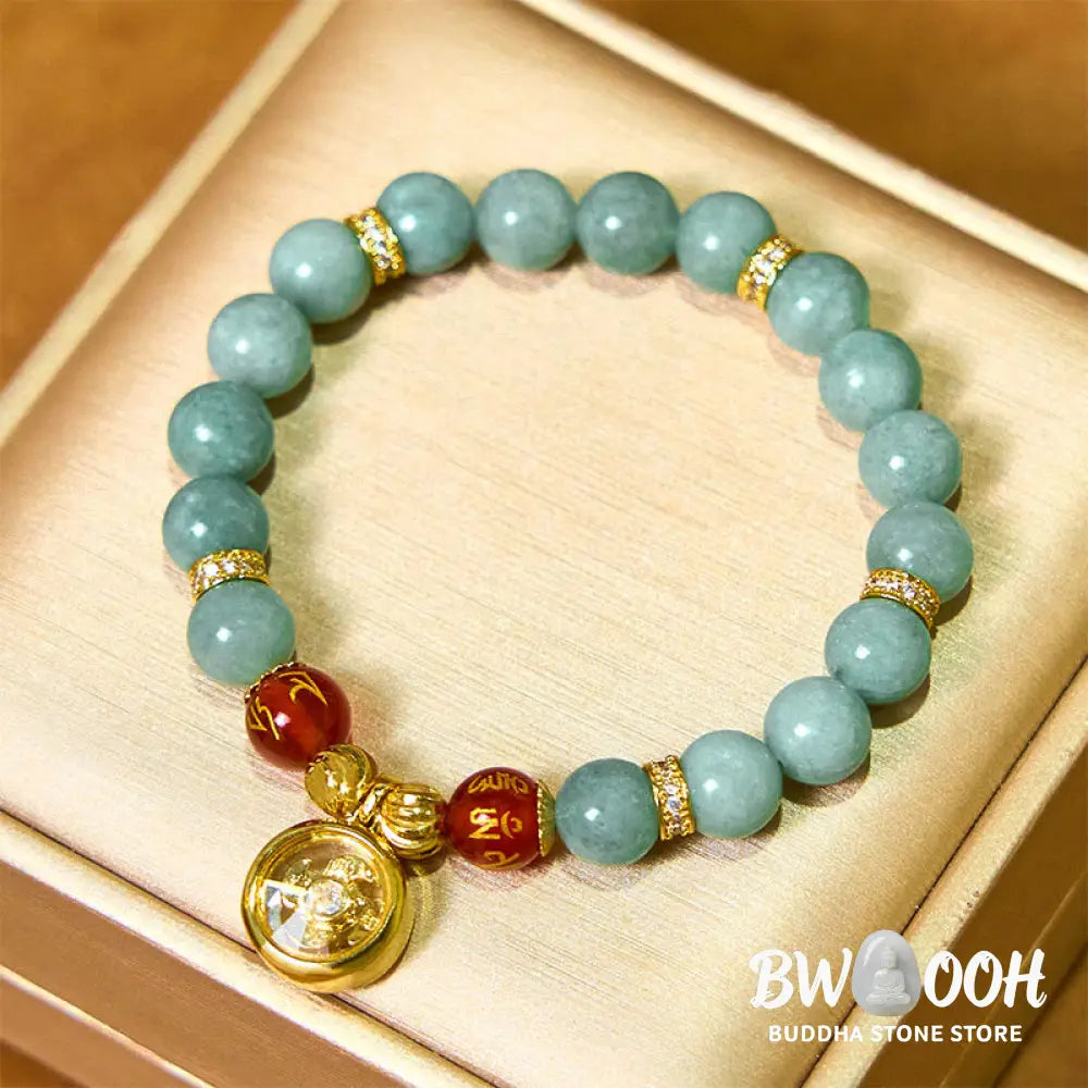 Buddha Stones Natural Green Jade Om Mani Padme Hum Cyclone Charm Luck Bracelet - BWOOOH - Jade(Wrist Circumference: