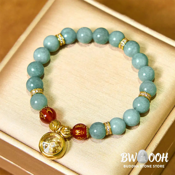Buddha Stones Natural Green Jade Om Mani Padme Hum Cyclone Charm Luck Bracelet - BWOOOH - Jade(Wrist Circumference: