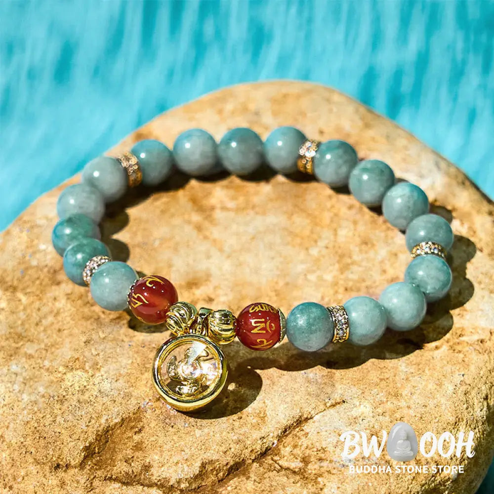Buddha Stones Natural Green Jade Om Mani Padme Hum Cyclone Charm Luck Bracelet - BWOOOH - Jade(Wrist Circumference:
