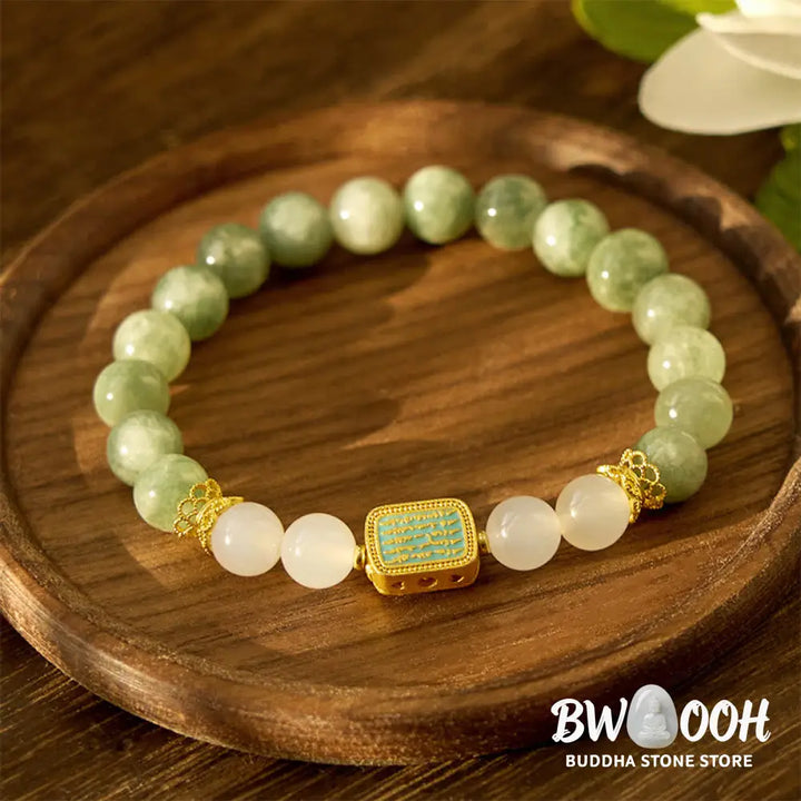 Buddha Stones Natural Green Jade White Agate Five Scriptures Abundance Bracelet - BWOOOH - Jade(Wrist Circumference: