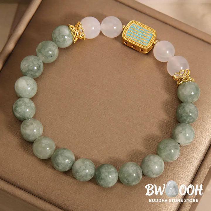 Buddha Stones Natural Green Jade White Agate Five Scriptures Abundance Bracelet - BWOOOH - Jade(Wrist Circumference: