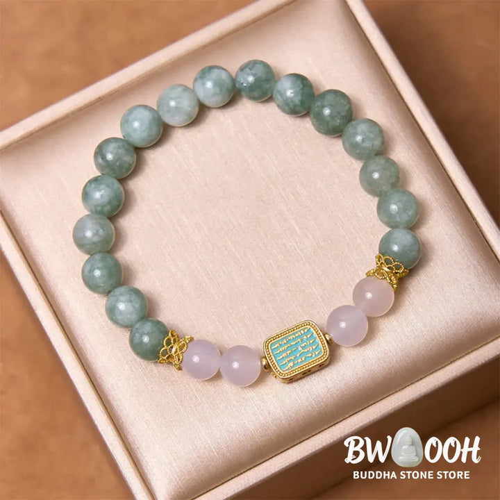 Buddha Stones Natural Green Jade White Agate Five Scriptures Abundance Bracelet - BWOOOH - Jade(Wrist Circumference:
