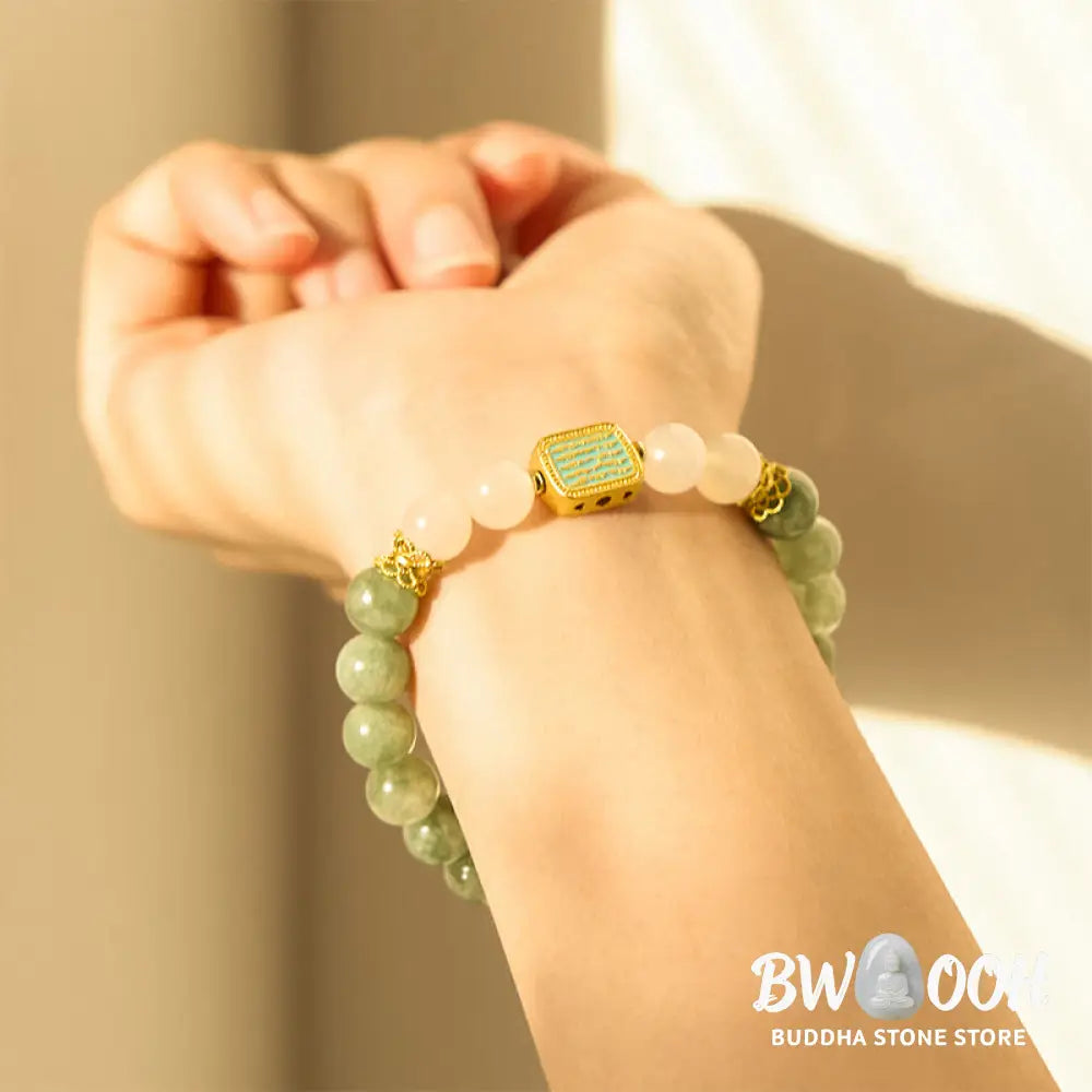 Buddha Stones Natural Green Jade White Agate Five Scriptures Abundance Bracelet - BWOOOH - Jade(Wrist Circumference: