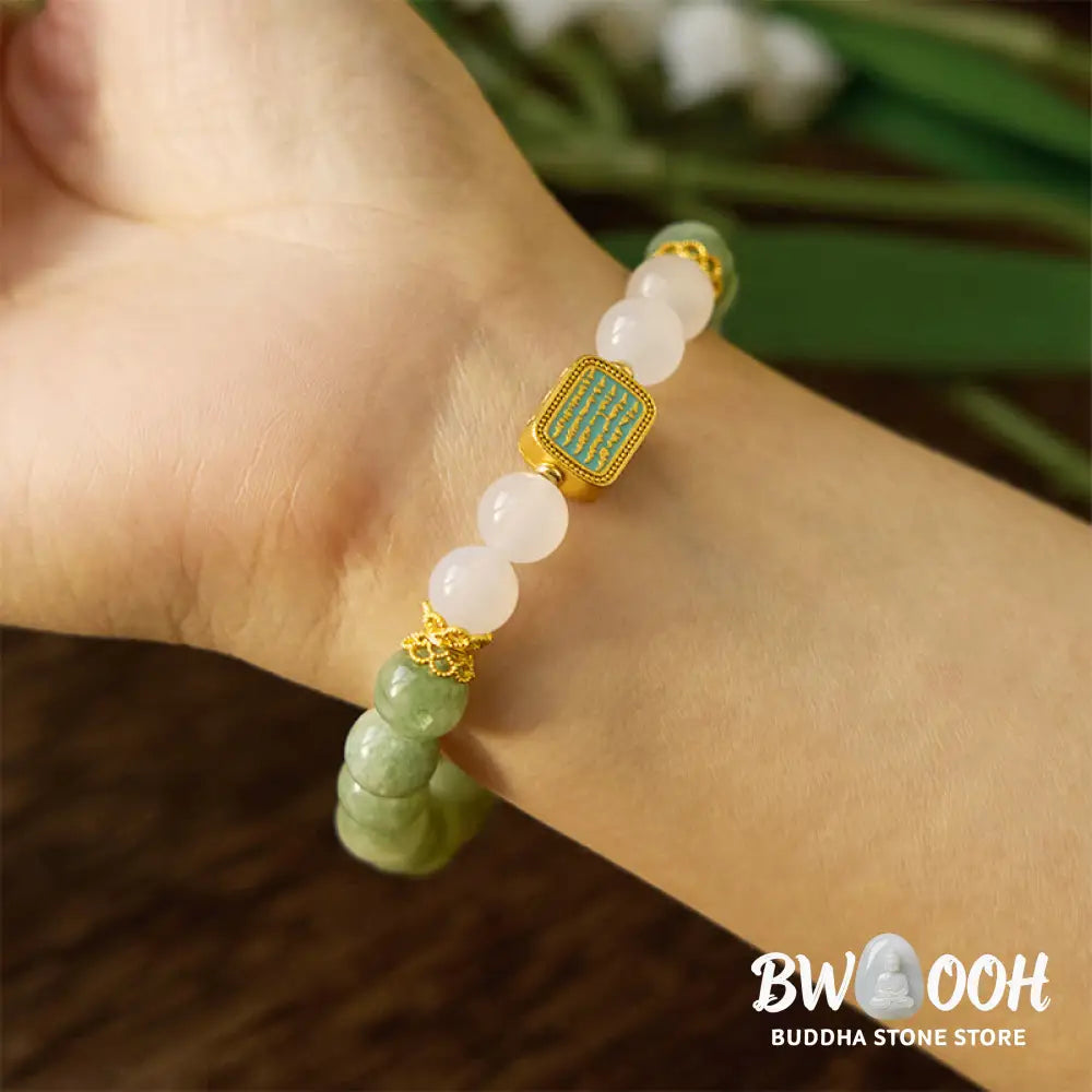 Buddha Stones Natural Green Jade White Agate Five Scriptures Abundance Bracelet - BWOOOH - Jade(Wrist Circumference:
