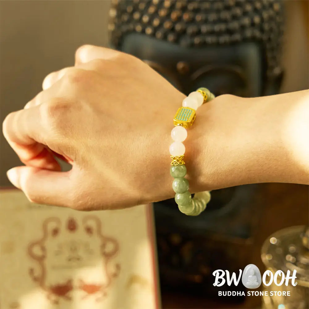 Buddha Stones Natural Green Jade White Agate Five Scriptures Abundance Bracelet - BWOOOH - Jade(Wrist Circumference: