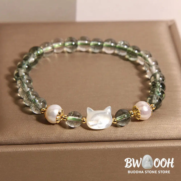 Buddha Stones Natural Green Phantom Pearl Shell Cat Head Lucky Bracelet - BWOOOH - Green Phantom(Wrist Circumference