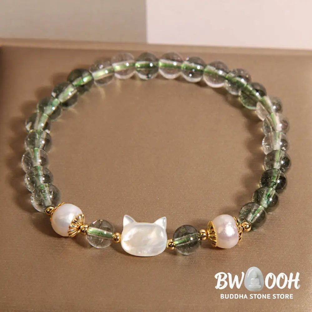 Buddha Stones Natural Green Phantom Pearl Shell Cat Head Lucky Bracelet - BWOOOH - Green Phantom(Wrist Circumference