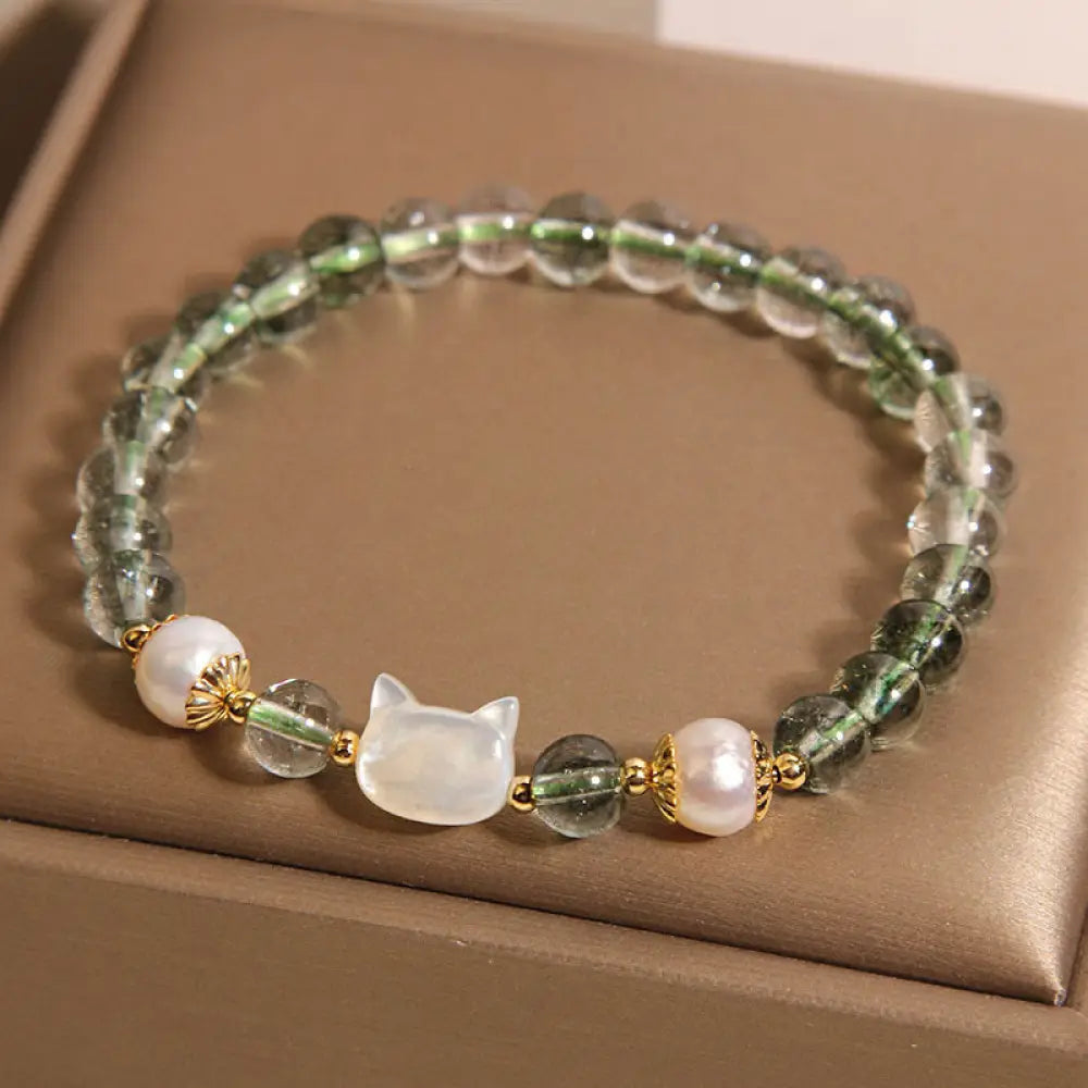 BWOOOH Natural Green Phantom Pearl Shell Cat Head Lucky Bracelet — Pearl crystal healing bracelet for spiritual healing an...