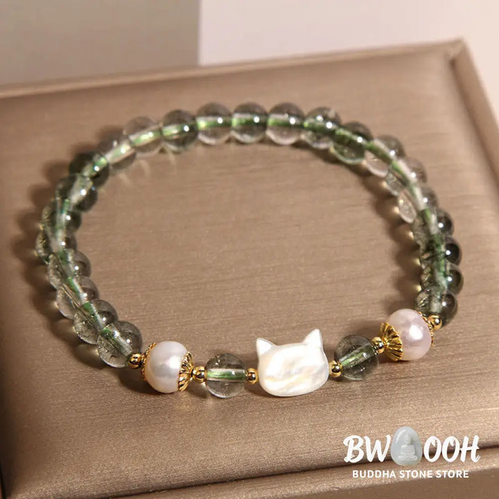 Buddha Stones Natural Green Phantom Pearl Shell Cat Head Lucky Bracelet - BWOOOH - Green Phantom(Wrist Circumference