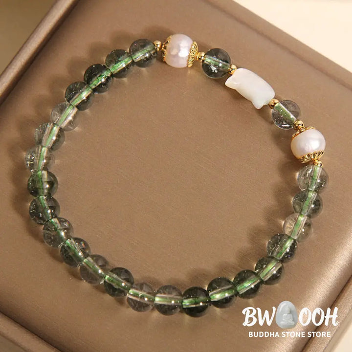 Buddha Stones Natural Green Phantom Pearl Shell Cat Head Lucky Bracelet - BWOOOH - Green Phantom(Wrist Circumference