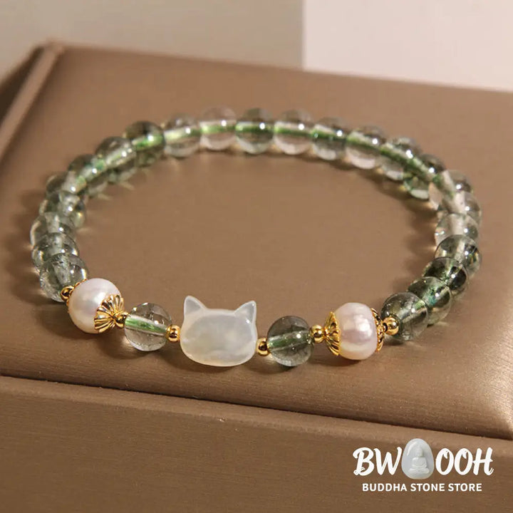 Buddha Stones Natural Green Phantom Pearl Shell Cat Head Lucky Bracelet - BWOOOH - Green Phantom(Wrist Circumference