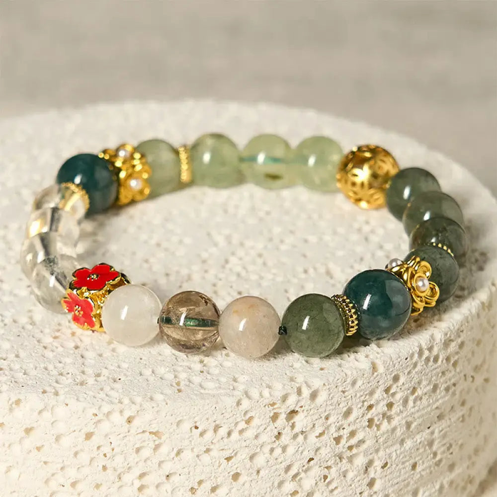 Buddha Stones Natural Green Phantom White Crystal Jade Beads Lucky Bracelet - Green Phantom(Wrist Circumference: