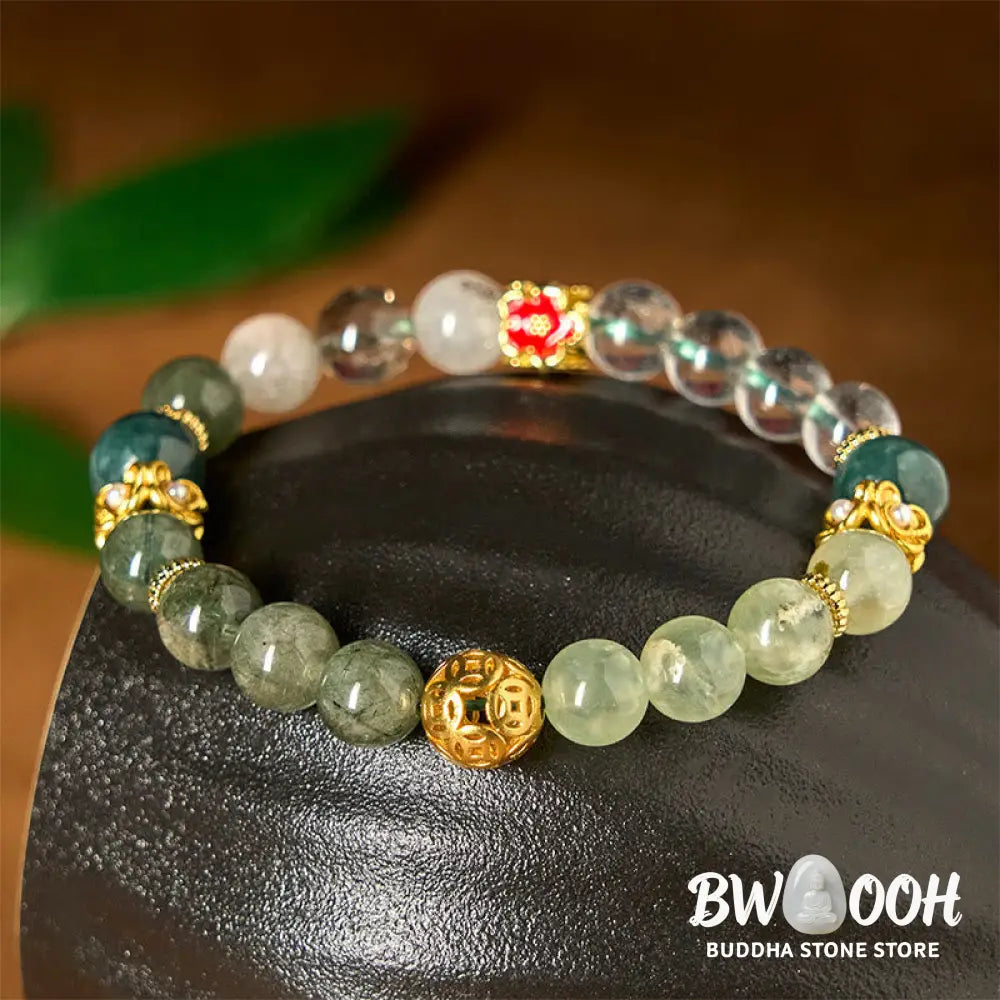 Buddha Stones Natural Green Phantom White Crystal Jade Beads Lucky Bracelet - Green Phantom(Wrist Circumference: