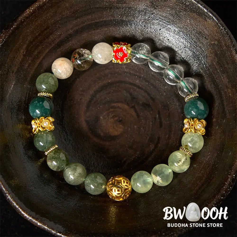 Buddha Stones Natural Green Phantom White Crystal Jade Beads Lucky Bracelet - Green Phantom(Wrist Circumference:
