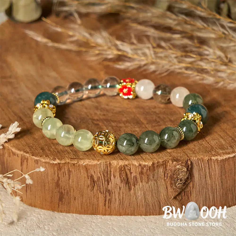 Buddha Stones Natural Green Phantom White Crystal Jade Beads Lucky Bracelet - Green Phantom(Wrist Circumference:
