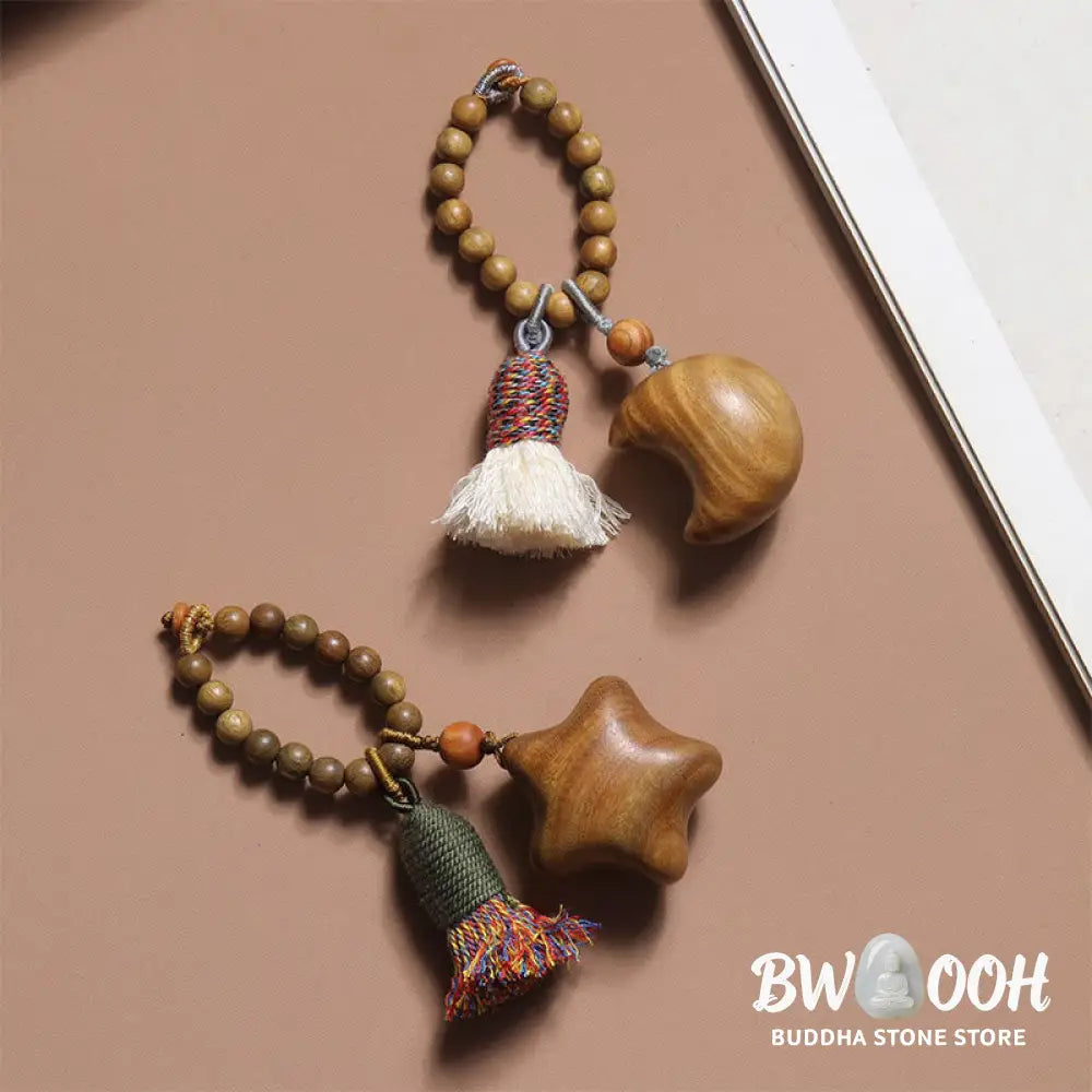 Buddha Stones Natural Green Sandalwood Colored Rope Tassels Star Moon Abundance Key Chain - Key Chain