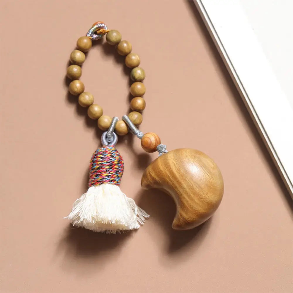 Buddha Stones Natural Green Sandalwood Colored Rope Tassels Star Moon Abundance Key Chain - Moon (29*32mm) - Key Chain