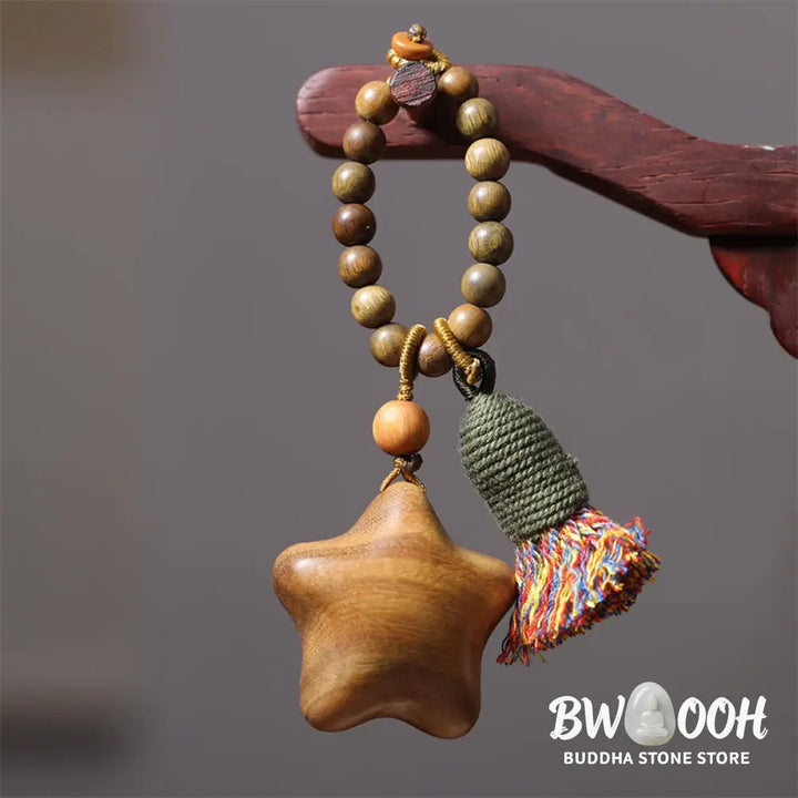 Buddha Stones Natural Green Sandalwood Colored Rope Tassels Star Moon Abundance Key Chain - Key Chain