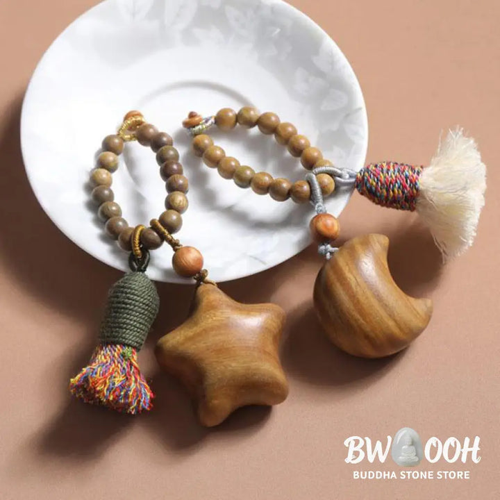 Buddha Stones Natural Green Sandalwood Colored Rope Tassels Star Moon Abundance Key Chain - Key Chain